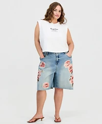 And Now This Trendy Plus Floral Applique Denim Jorts, Macy's Exclusive
