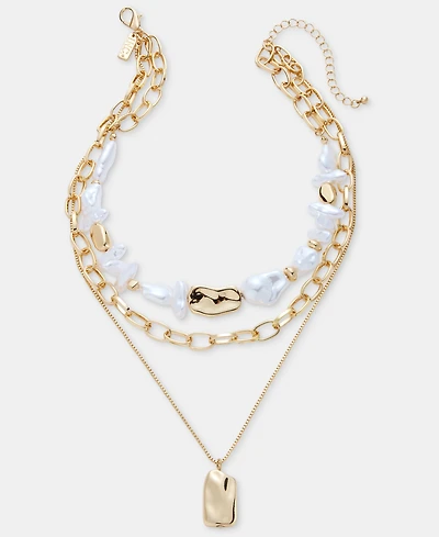 I.n.c. International Sculptural Nugget & Imitation Pearl Layered Pendant Necklace, 16" + 2" extender, Macy's Exclusive