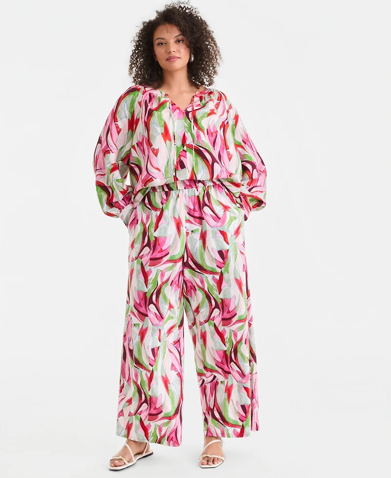 I.n.c. International Concepts Plus Printed Bubble-Sleeve Top, Created for Macy's