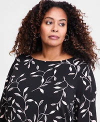 Jm Collection Plus Winding Leaves Flare Sleeve Boat Neck Top