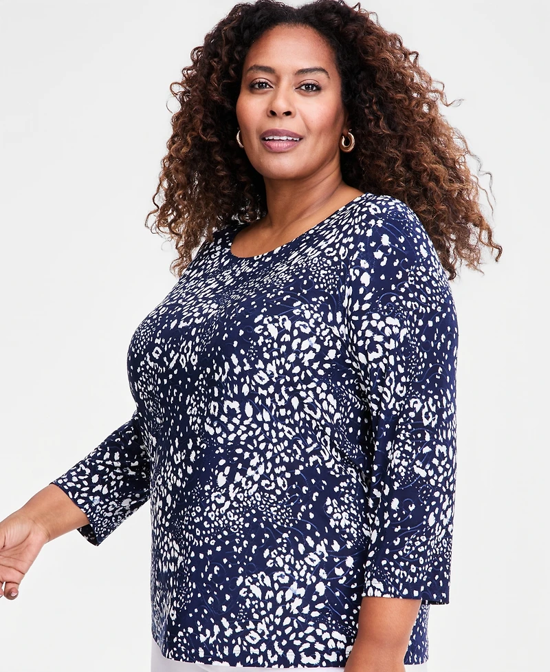 Jm Collection Plus Size Printed Jacquard 3/4-Sleeve Top, Macy's Exclusive