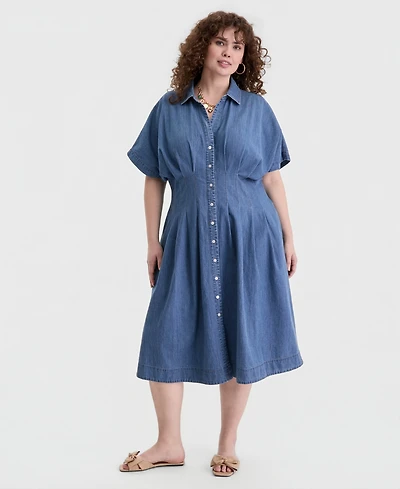 On 34th Trendy Plus Denim Pleated Shirtdress, Macy's Exclusive