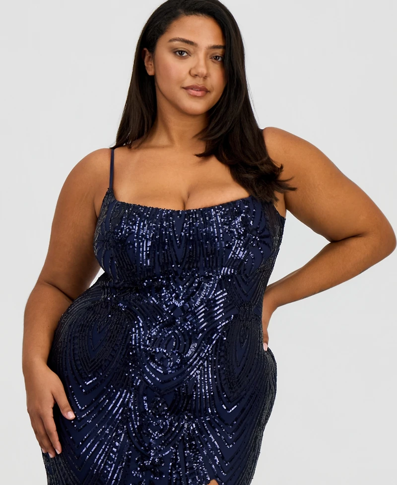 B Darlin Trendy Plus Patterned Sequined Back-Tie Gown