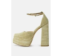 Cosette Diamante Embellished Ankle Strap High Block Heel Sandals Off White