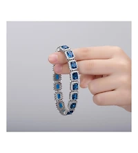 White Gold Plated with Blue Sapphire & Cubic Zirconia Rectangular Halo Cluster Link Vintage like Tennis Bracelet