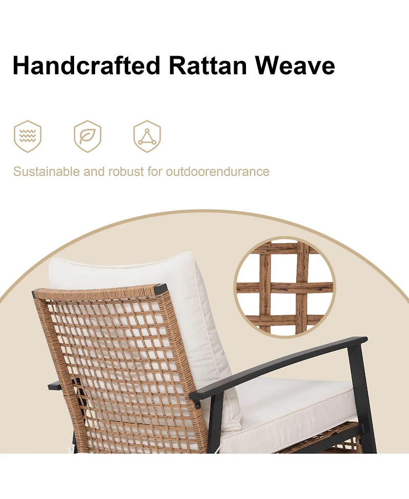 Decksplore Pulled rattan Rocking chair 3 piece Set Outdoor Patio Set Lounge Chairs Thick Cushions for Patio