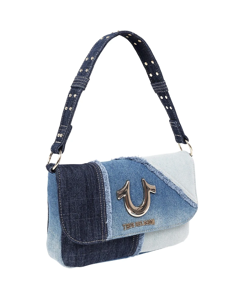 True Religion Frayed Denim Horseshoe Hobo Bag