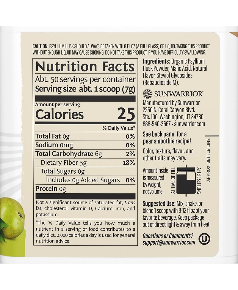 Sunwarrior Us Harvest Psyllium Husk Powder Pear 348.6g Tub (50 srv)