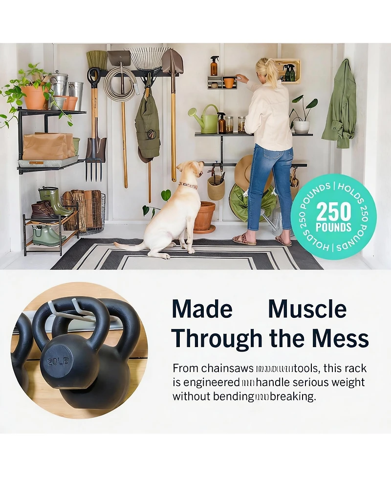 Yigii Wall-Mounted Garden Tool Rack - Heavy Duty Steel, 4 Hooks, 250lb Capacity