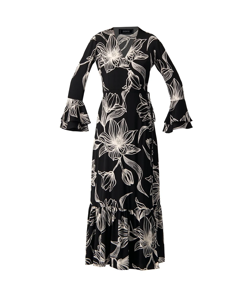 Ivonne Women's Long Black Dress with Floral Print