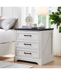 gaomon 1PC Off White Farmhouse Nightstand, 22 Inch 3-Drawer End Table with Charging Station & Bar Handles