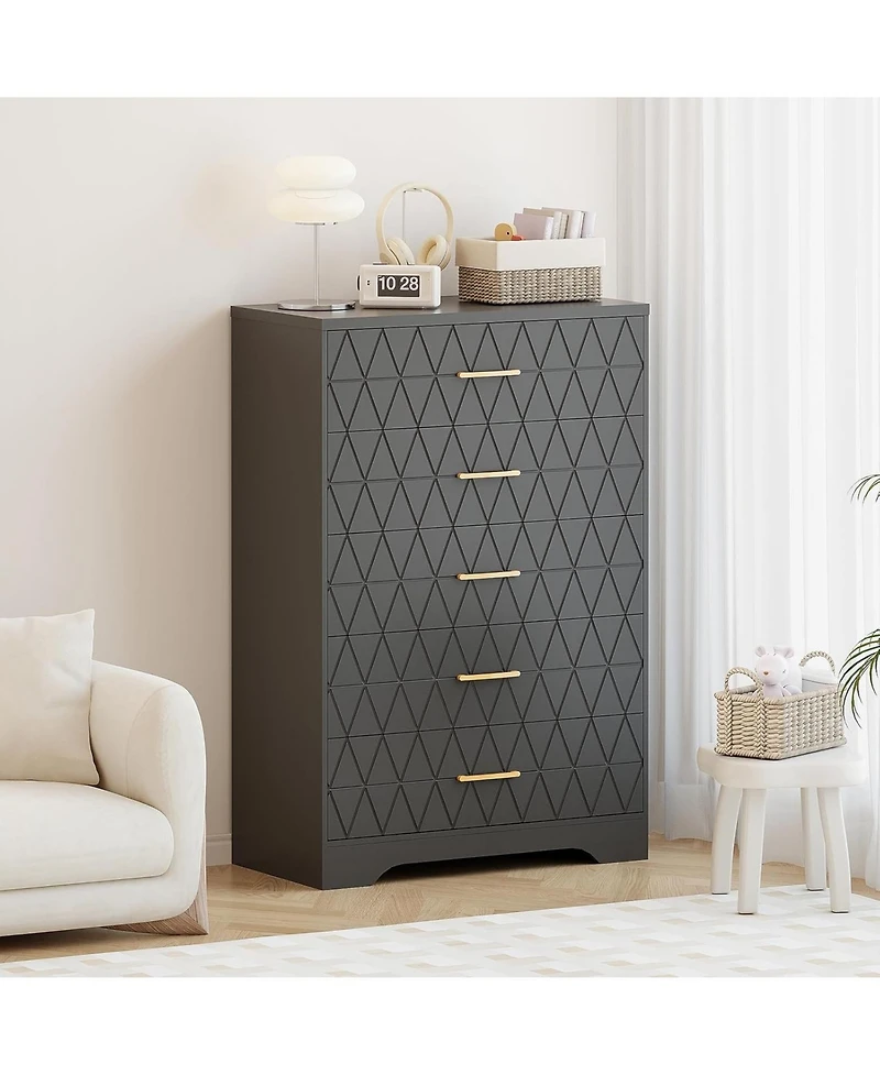 Gaomon 5 Drawer Tall Wood Dresser for Bedroom, Wooden Chest of Drawers with Gold Handles Closet, Modern Storage Cabinet