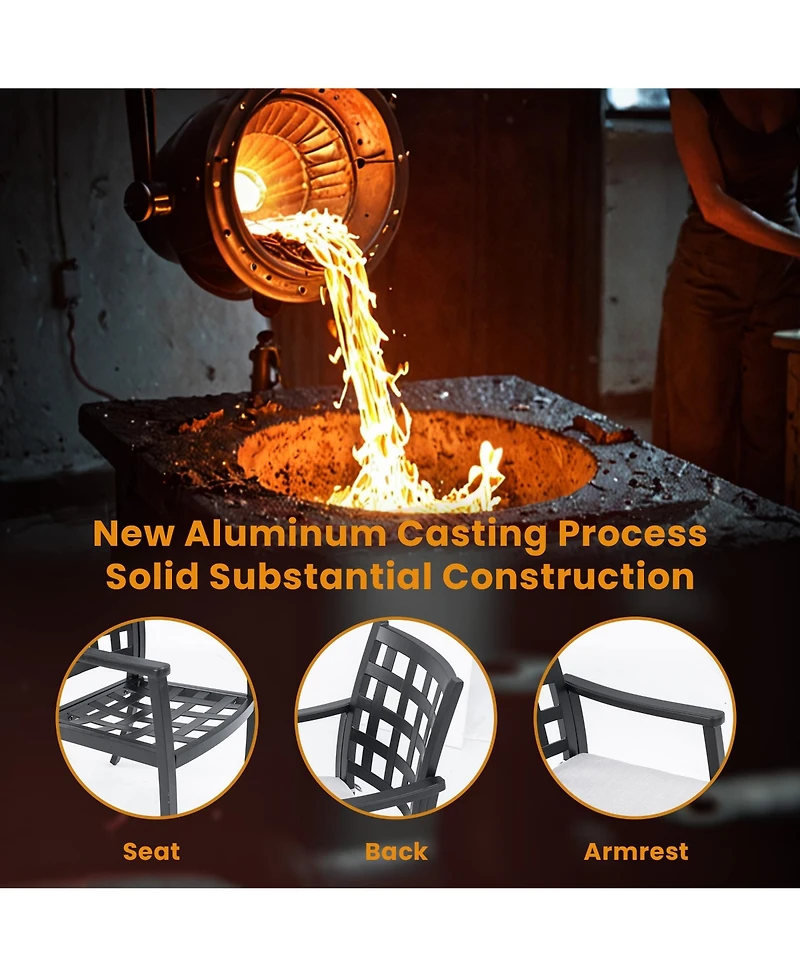 Flynama 2-Piece Modern Classic Cast Aluminum Outdoor Patio Dining Chairs Textured Ember Black Lattice Backrest Sunbrella Cushion Weather Resistant