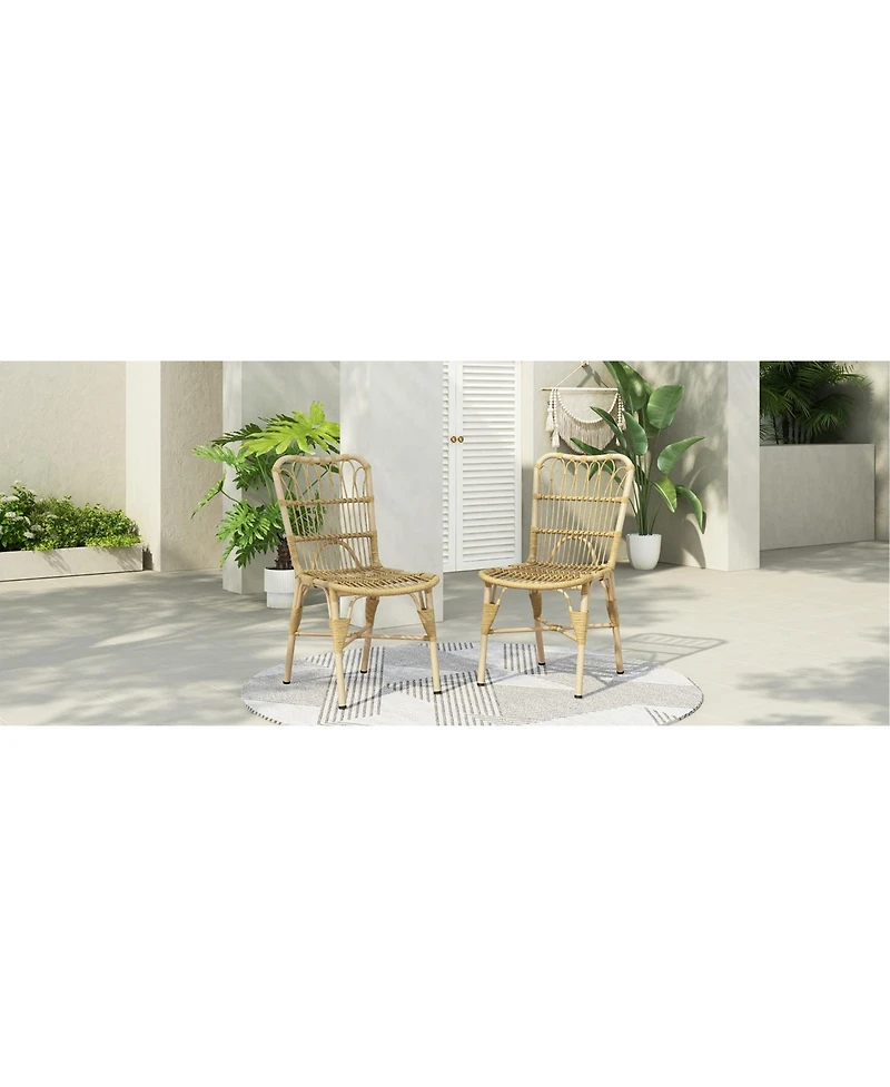 Flynama Set of 2 Natural Outdoor Pe Wicker Patio Dining Chairs Hand Woven Iron Frame for Backyard Poolside Garden