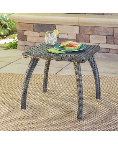 Flynama Outdoor Faux Wicker Side Table Powder Coated Iron Frame Grey Accent Table for Patio Extra Holding Space