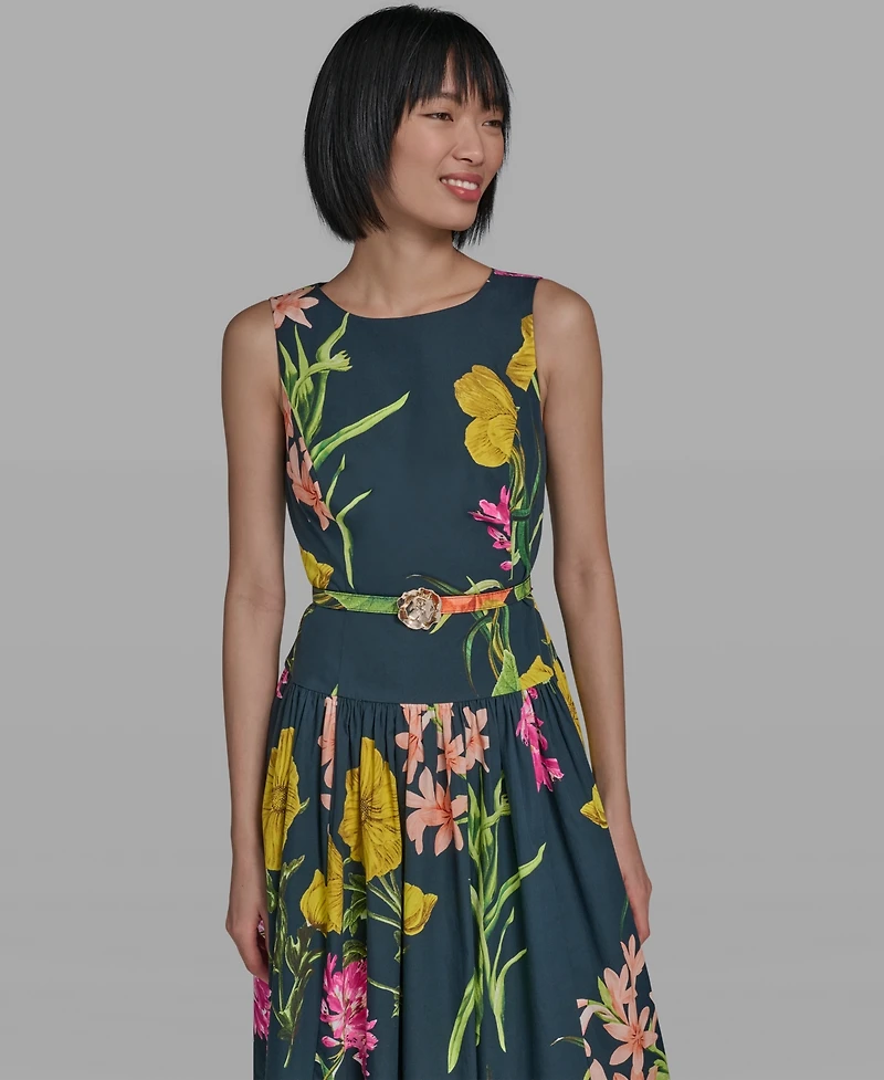 Karl Lagerfeld Paris Women's Boat-Neck Belted Sleeveless Dress