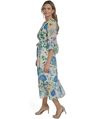 Jessica Howard Women's V-Neck Balloon Sleeve Surplice Tiered Midi Dress