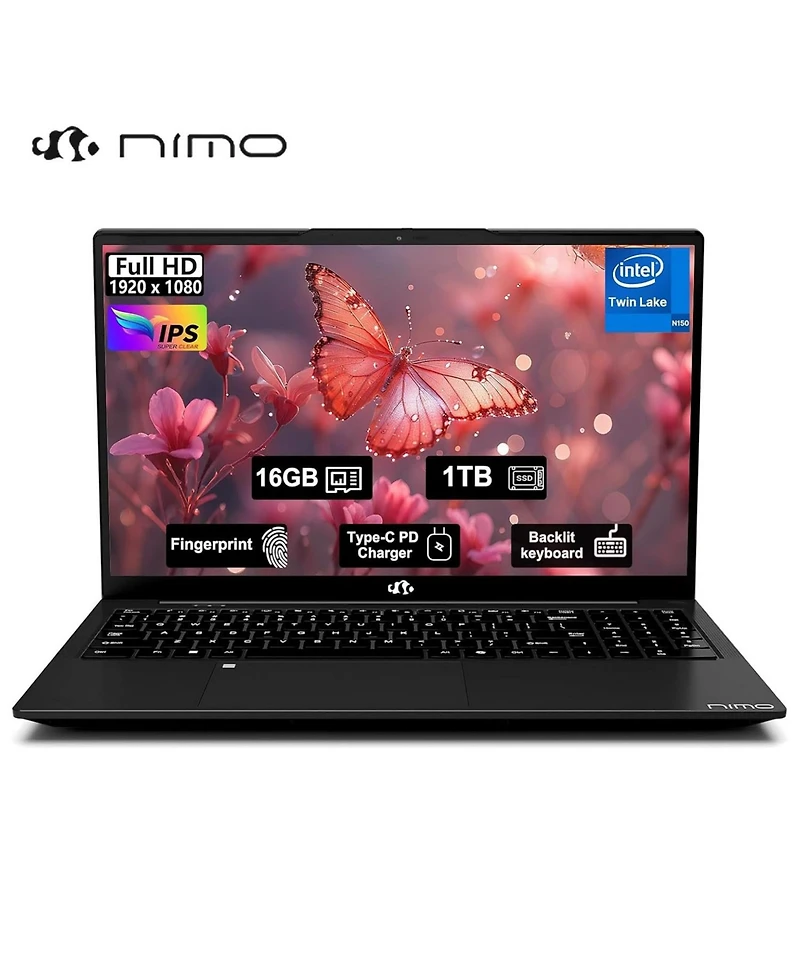 Nimo 15.6" Fhd Ips Student Laptop 16GB Ram 1TB Ssd, 4 Cores 13th Gen Intel N150 3.6GHz Fingerprint Wi-Fi 6