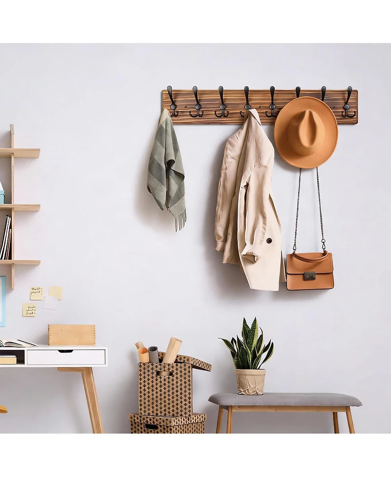 Yigii Wooden Wall Coat Rack with 8 Hooks for Coats, Jackets, Hats