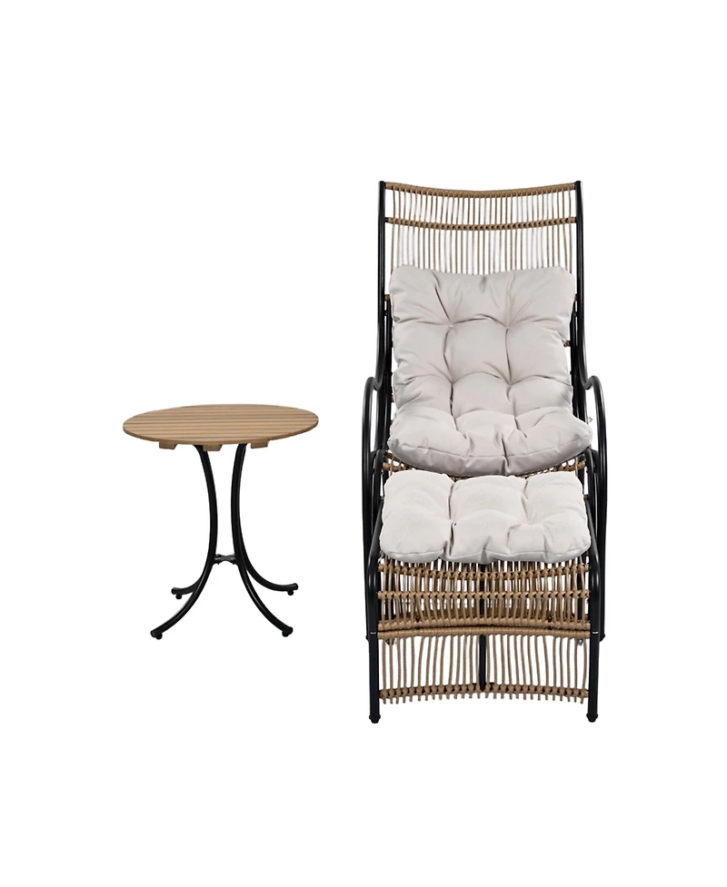 Flynama 3 Piece Black Natural Beige Wicker Outdoor Patio Furniture Set with Lounge Chair Side Table Ottoman and Cushions for Garden Deck Porch