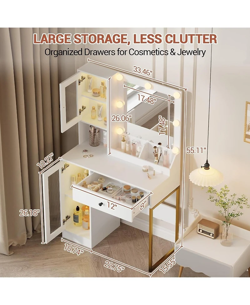 Gaomon White Led Lighted Vanity Desk, Makeup Table with Built-in Power & Usb Charging Ports