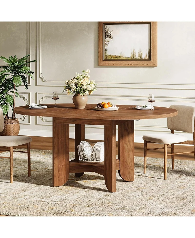 Tribesigns 59-Inch Round Dining Table for 4-6, Modern Oval Kitchen Table with Storage Shelf for Dining Room, Living Room, Walnut