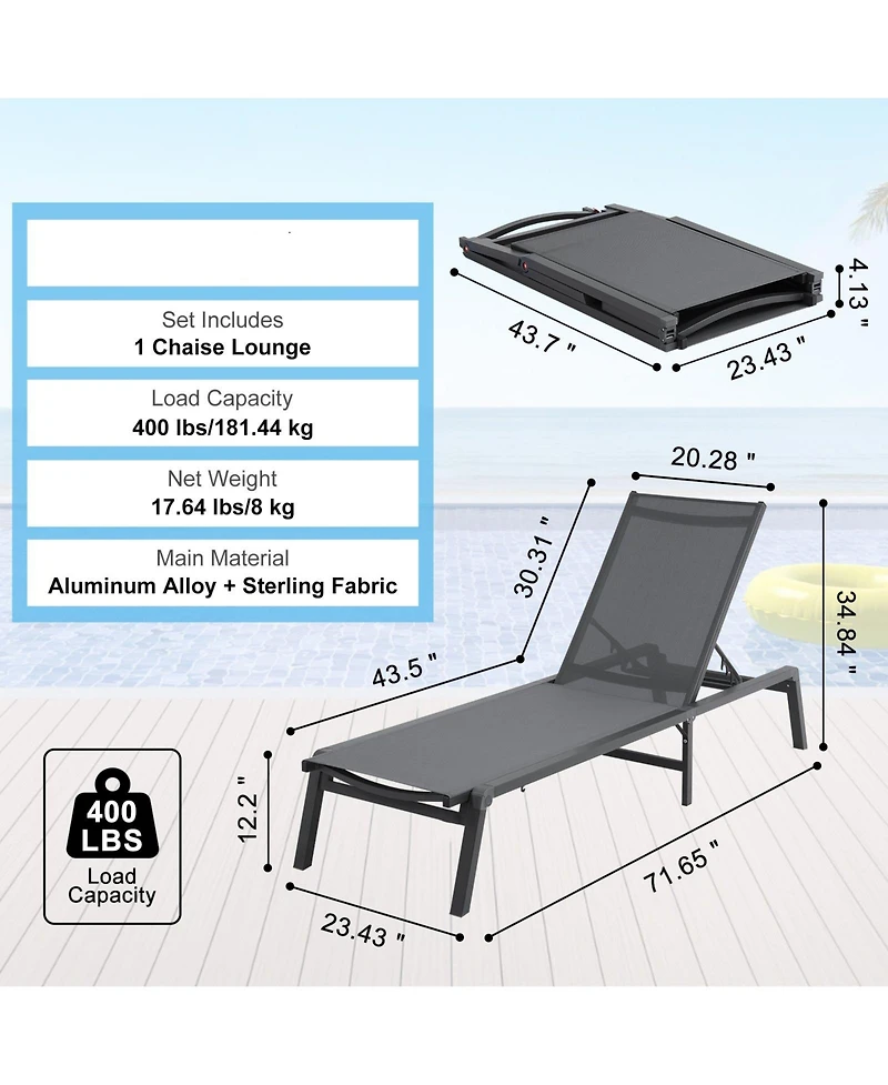 Slickblue Folding Aluminum Patio Chaise Lounge Chair for Pool and Beach