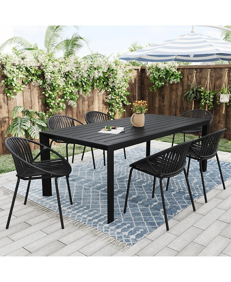 Mondawe 7 Pieces Outdoor Modern Metal and Polypropylene Dining Set with Stackable Chair, Black