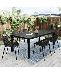 Mondawe 7 Pieces Outdoor Modern Metal and Polypropylene Dining Set with Stackable Chair, Black