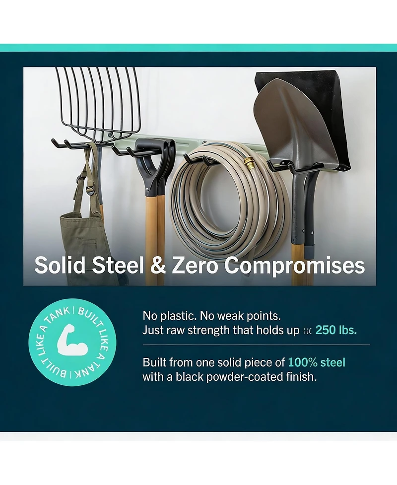 Yigii Wall-Mounted Garden Tool Rack - 4 Hooks, Heavy-Duty Steel, 250lb Capacity