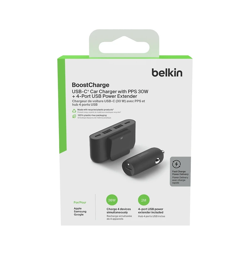 Belkin BoostCharge Usb-c Car Charger with Pps 30W and 4 Port Usb Power Extender