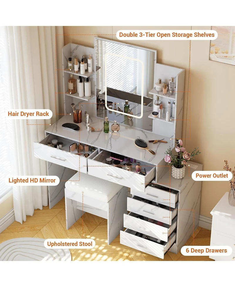 Gaomon 6-Drawer Vanity Table with Lighted Mirror, Spacious Makeup Dressing Desk for Bedroom