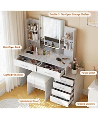 Gaomon 6-Drawer Vanity Table with Lighted Mirror, Spacious Makeup Dressing Desk for Bedroom