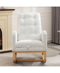 Flynama High Back Accent Rocking Chair with Footrest Rubber Wood Legs Side Storage Pocket for Bedroom Living Room Nursery