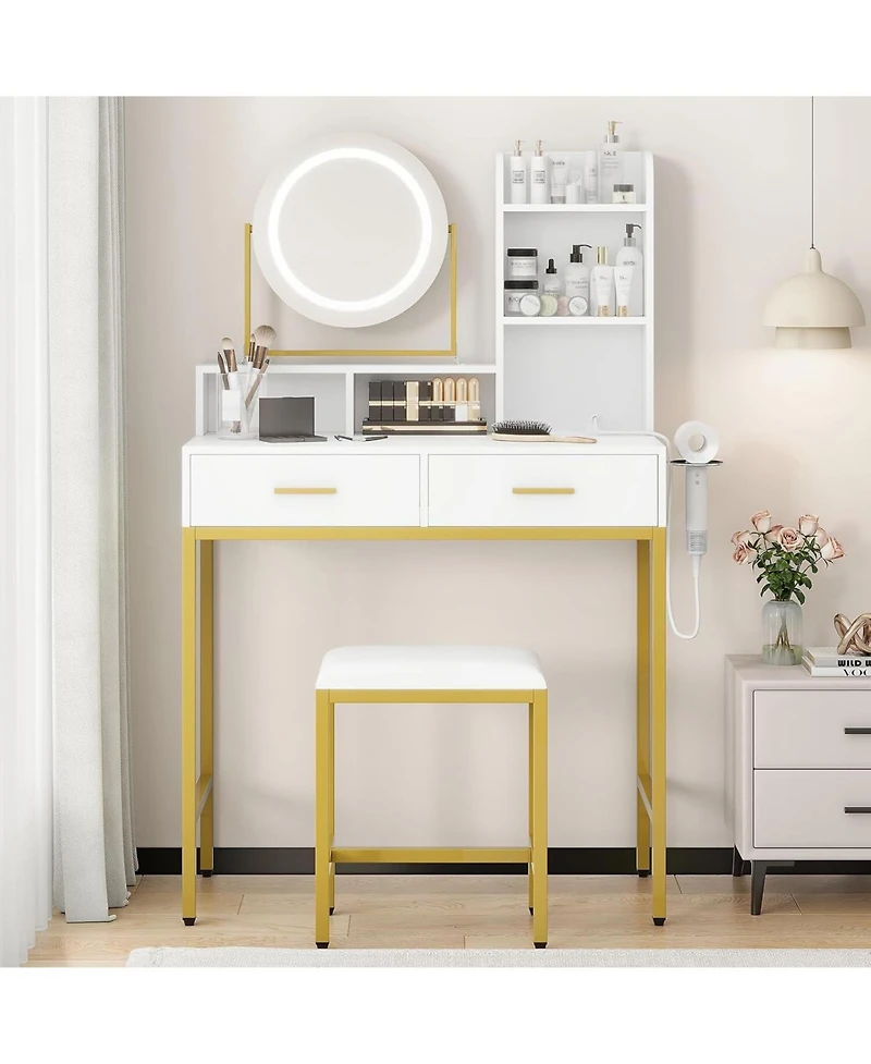 Gaomon White 2-Drawer Lighted Vanity Set, Versatile Makeup Desk for Bedroom & Dressing Room