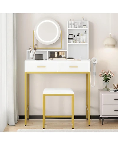 Gaomon White 2-Drawer Lighted Vanity Set, Versatile Makeup Desk for Bedroom & Dressing Room