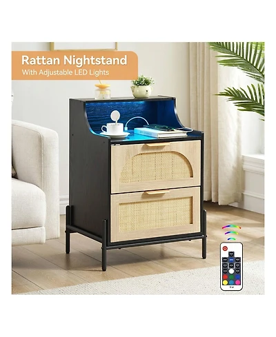 gaomon Rattan Nightstand with Charging Station & Led Lights, 2-Drawer Storage Bedside End Table for Bedroom