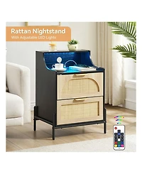gaomon Rattan Nightstand with Charging Station & Led Lights, 2-Drawer Storage Bedside End Table for Bedroom