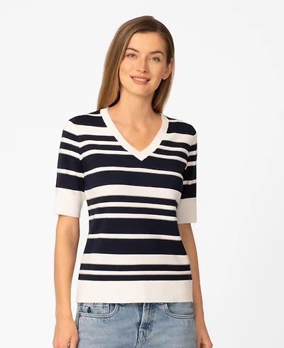 Melissa Paige Petite Textured Stripe V-Neck Sweater