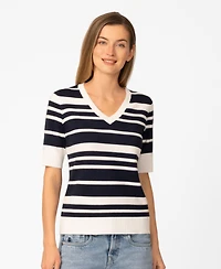 Melissa Paige Petite Textured Stripe V-Neck Sweater