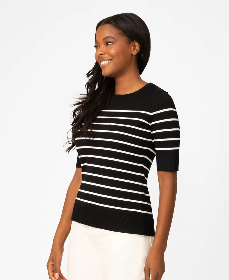 Melissa Paige Petite Striped Crew-Neck Elbow-Sleeve Sweater