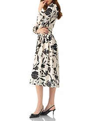 Ivonne Women's V-Neck Midi Dress with Long Sleeves