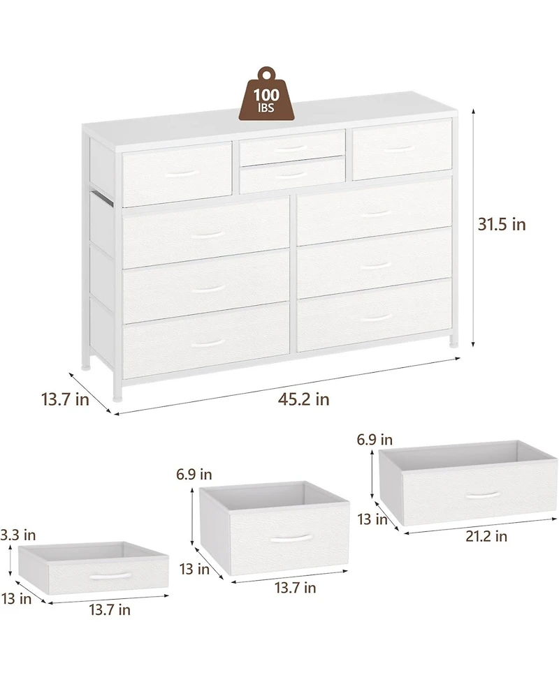 gaomon 10 Drawers Fabric Dressers for Bedroom, Modern Chest of Drawers, 45" Wide Tv Stand