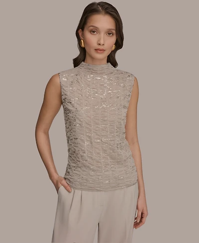 Donna Karan New York Women's Mock Neck Foil Printed Ruched Sweater