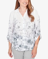 Alfred Dunner Petite Watercolor Print Button Front Collared Top