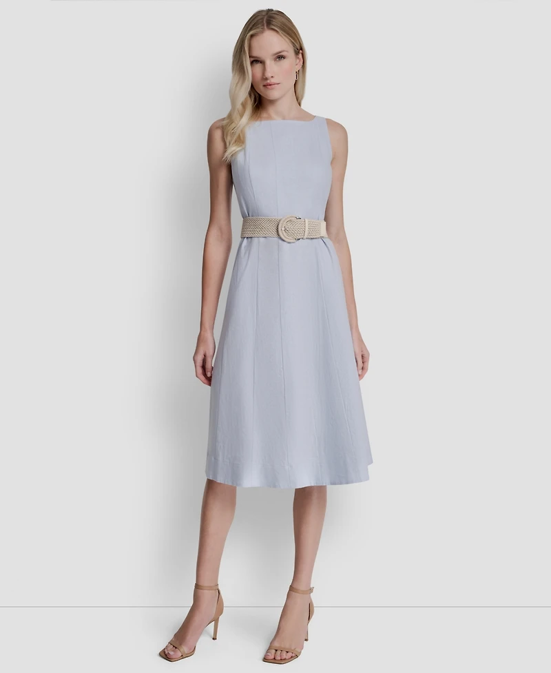 Dkny Women's Belted Fit And Flare Boat Neck Midi Dress