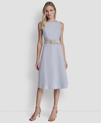 Dkny Women's Belted Fit And Flare Boat Neck Midi Dress
