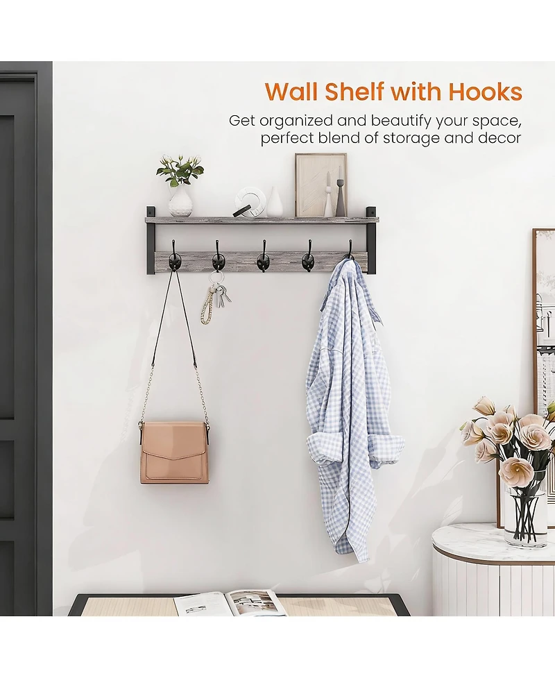 Yigii Grey 24" Wall Coat Rack with Shelf - Modern Design for Entryway, Hallway, Bathroom