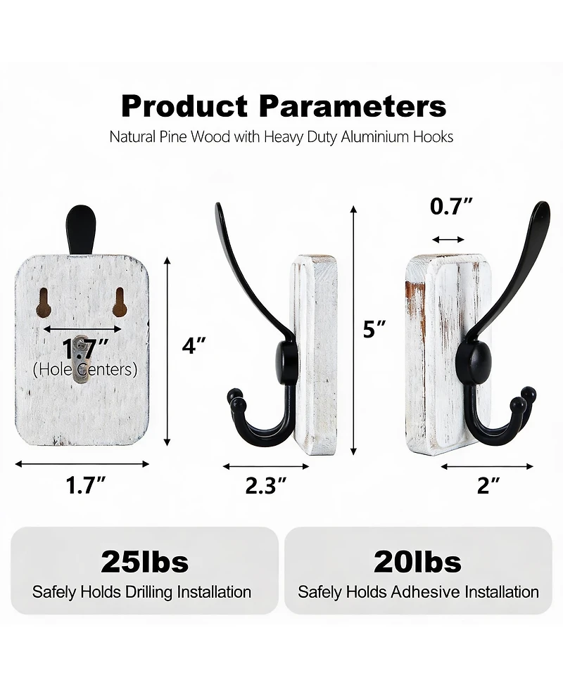 Yigii 4 Pack Rustic Iron Hooks, Heavy Duty, Adhesive & Drill Mount, Farmhouse Decor