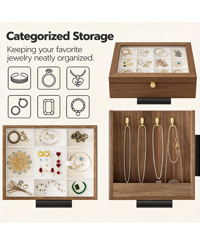 Yigii Wooden Jewelry Box with 4 Drawers for Rings, Earrings, Brooches, Necklaces